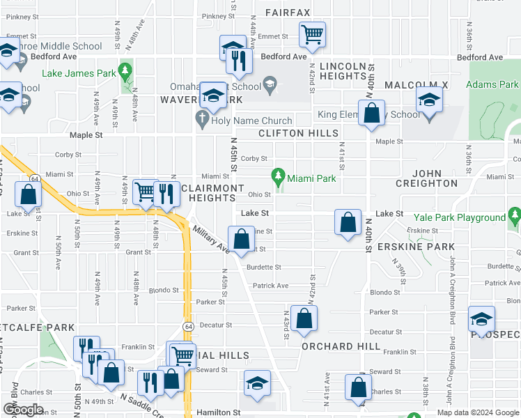 map of restaurants, bars, coffee shops, grocery stores, and more near 4318 Lake Street in Omaha