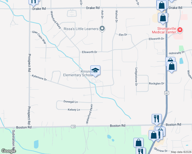 map of restaurants, bars, coffee shops, grocery stores, and more near 19091 Waterford Parkway in Strongsville