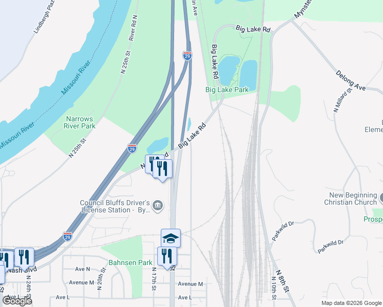 map of restaurants, bars, coffee shops, grocery stores, and more near 2135 North 15th Street in Council Bluffs