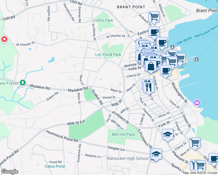 map of restaurants, bars, coffee shops, grocery stores, and more near 127 Main Street in Nantucket