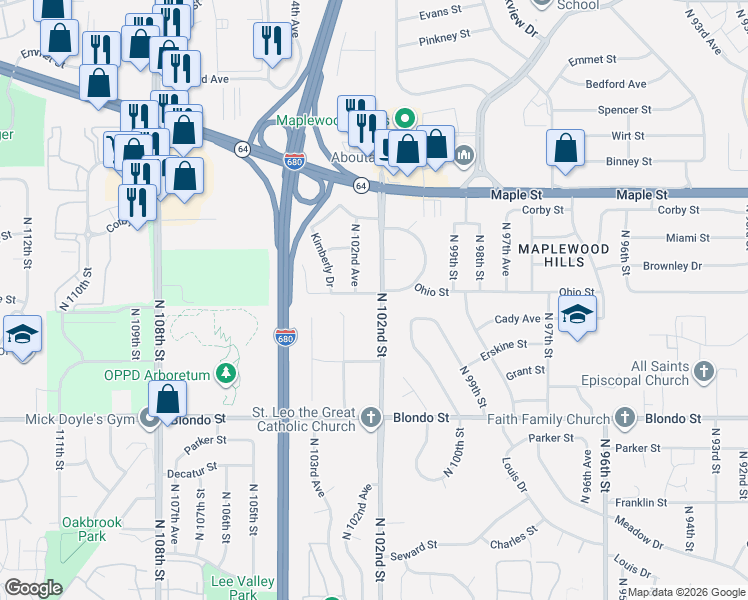 map of restaurants, bars, coffee shops, grocery stores, and more near 10205 Ohio Street in Omaha