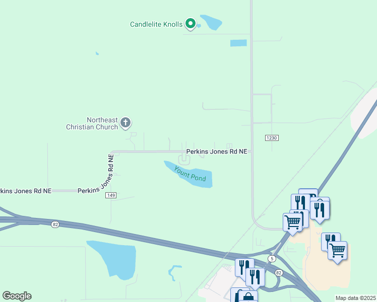 map of restaurants, bars, coffee shops, grocery stores, and more near 1025 Perkins Jones Road Northeast in Warren