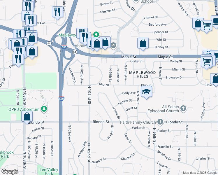 map of restaurants, bars, coffee shops, grocery stores, and more near 9909 Ohio Street in Omaha
