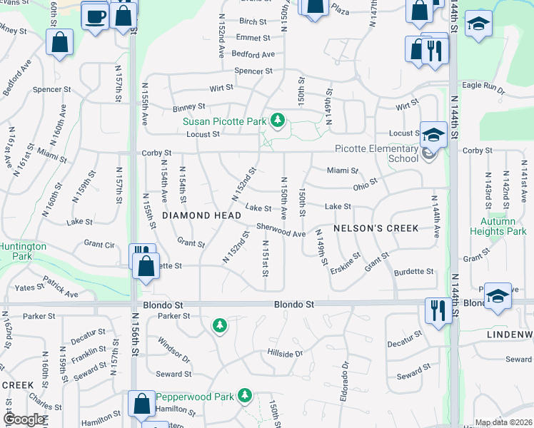 map of restaurants, bars, coffee shops, grocery stores, and more near 15063 Lake Street in Omaha
