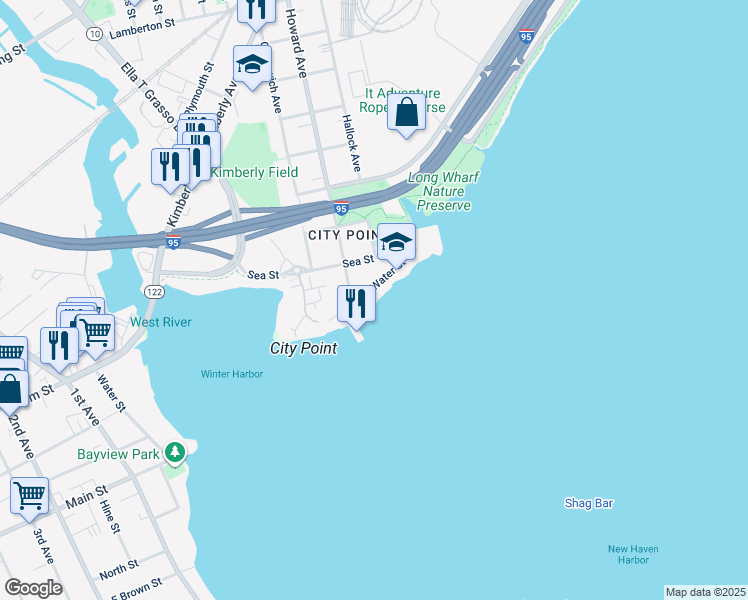map of restaurants, bars, coffee shops, grocery stores, and more near 82 South Water Street in New Haven