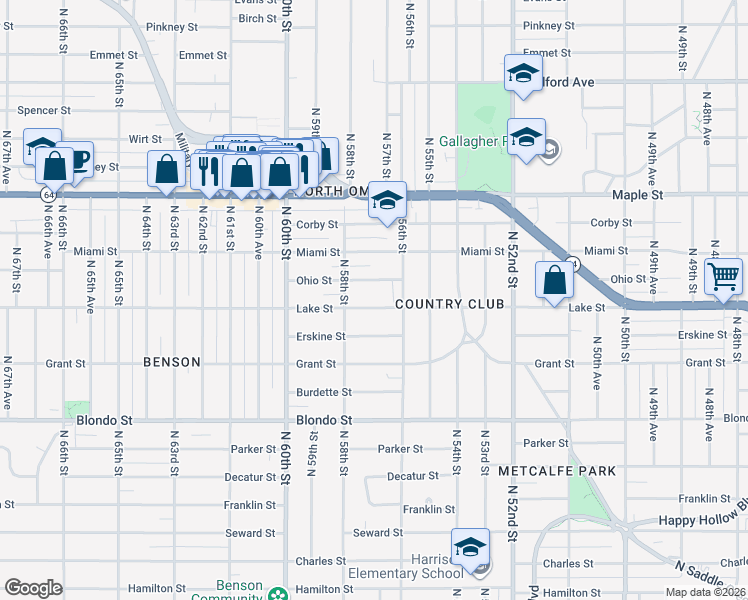 map of restaurants, bars, coffee shops, grocery stores, and more near 5638 Lake Street in Omaha