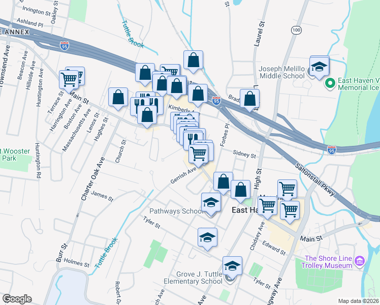 map of restaurants, bars, coffee shops, grocery stores, and more near 422 Main Street in East Haven