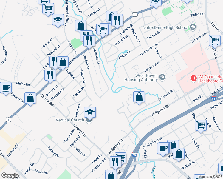 map of restaurants, bars, coffee shops, grocery stores, and more near 225R Meloy Road in West Haven