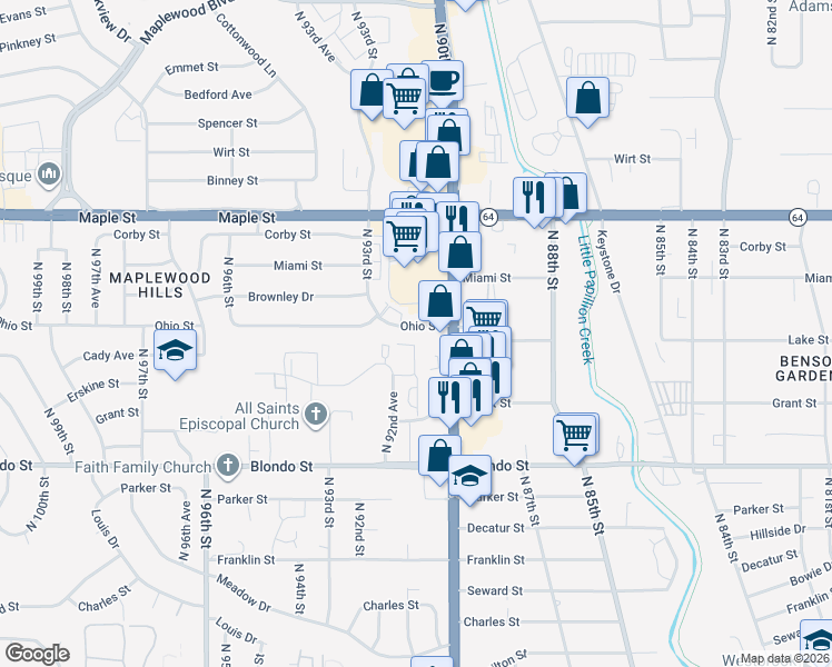 map of restaurants, bars, coffee shops, grocery stores, and more near 9039 Ohio Street in Omaha