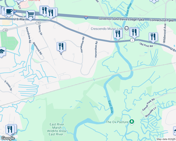 map of restaurants, bars, coffee shops, grocery stores, and more near 67 Horseshoe Road in Guilford