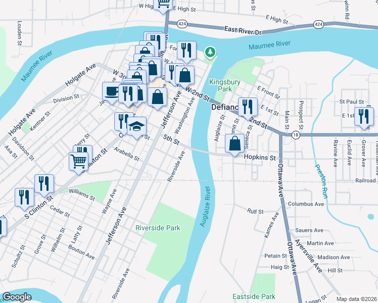 map of restaurants, bars, coffee shops, grocery stores, and more near 605 Riverside Avenue in Defiance