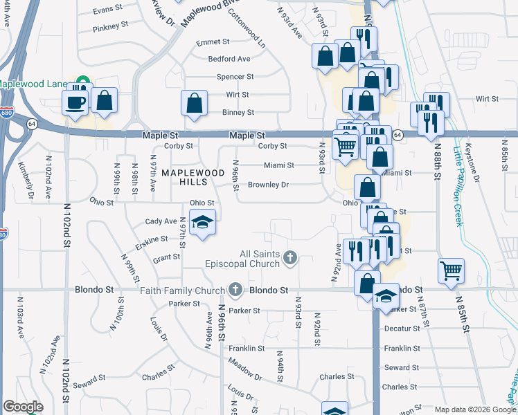 map of restaurants, bars, coffee shops, grocery stores, and more near 9429 Ohio Street in Omaha