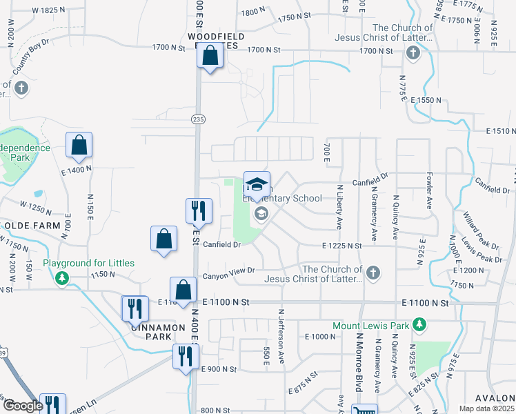 map of restaurants, bars, coffee shops, grocery stores, and more near 1235 Canfield Drive in Ogden