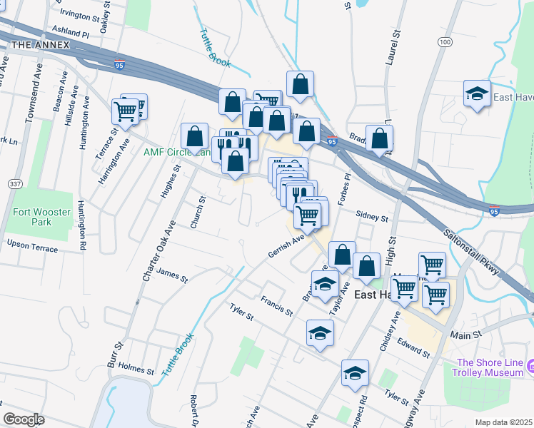 map of restaurants, bars, coffee shops, grocery stores, and more near 22 Pardee Place Extension in East Haven