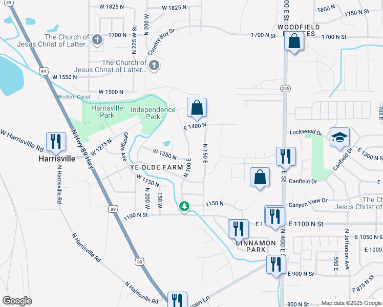 map of restaurants, bars, coffee shops, grocery stores, and more near 1260 North 100 East in Harrisville
