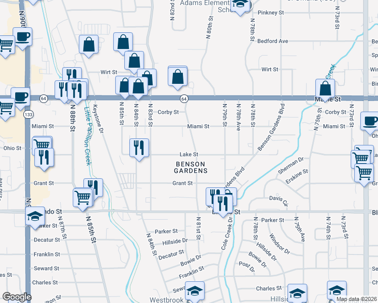map of restaurants, bars, coffee shops, grocery stores, and more near 8114 Lake Street in Omaha