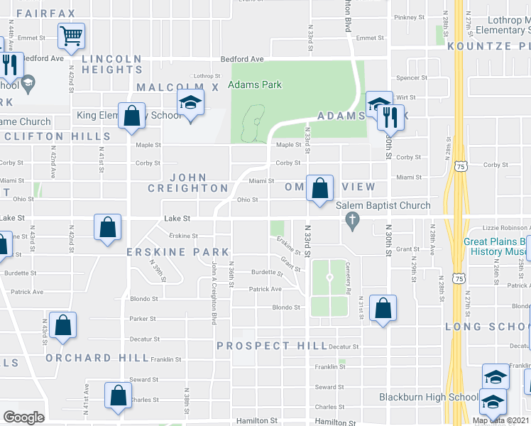 map of restaurants, bars, coffee shops, grocery stores, and more near 3454 Lake Street in Omaha