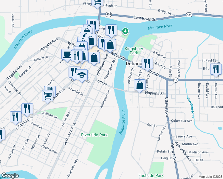 map of restaurants, bars, coffee shops, grocery stores, and more near 605 Riverside Avenue in Defiance