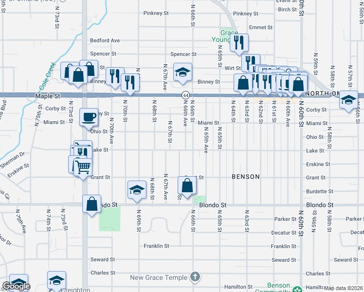 map of restaurants, bars, coffee shops, grocery stores, and more near 6612 Lake Street in Omaha