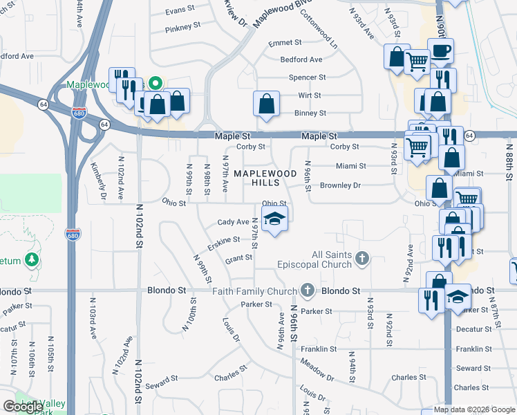 map of restaurants, bars, coffee shops, grocery stores, and more near 9631 Ohio Street in Omaha