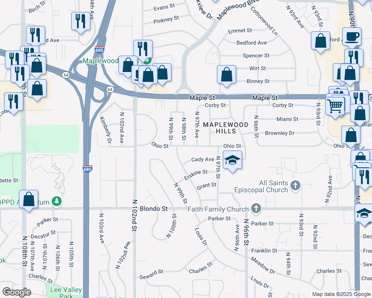 map of restaurants, bars, coffee shops, grocery stores, and more near 9773 Ohio Street in Omaha