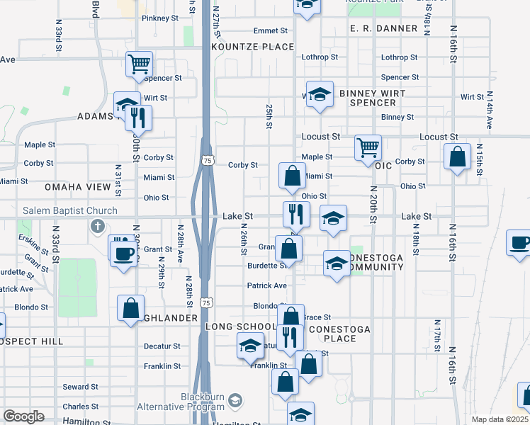 map of restaurants, bars, coffee shops, grocery stores, and more near 2502 Lake Street in Omaha