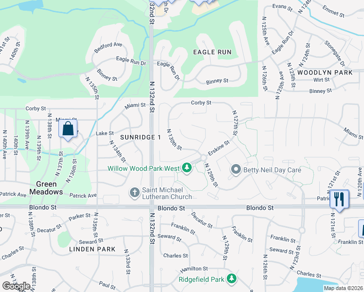 map of restaurants, bars, coffee shops, grocery stores, and more near 2525 North 130th Street in Omaha