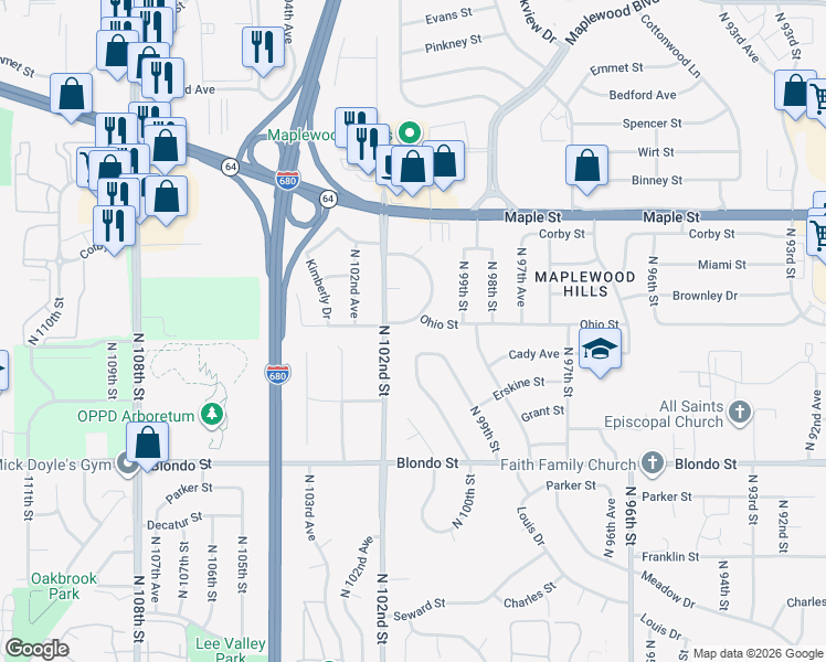 map of restaurants, bars, coffee shops, grocery stores, and more near 10055 Ohio Street in Omaha