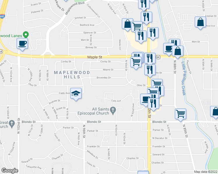 map of restaurants, bars, coffee shops, grocery stores, and more near 9385 Ohio Street in Omaha