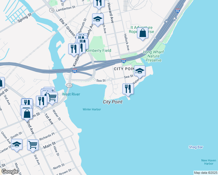 map of restaurants, bars, coffee shops, grocery stores, and more near 58 Harbour Close in New Haven