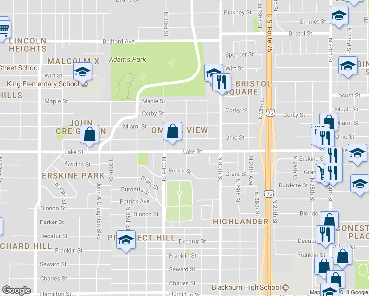 map of restaurants, bars, coffee shops, grocery stores, and more near 3202 Lake Street in Omaha