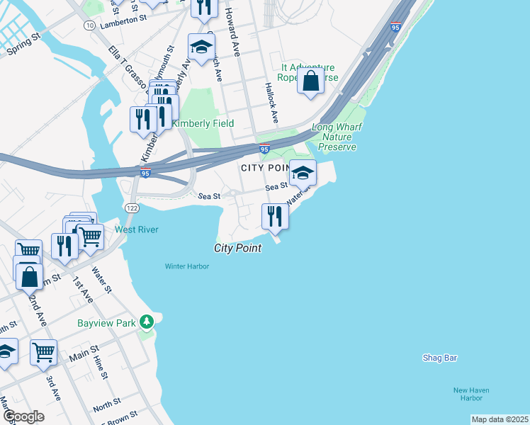 map of restaurants, bars, coffee shops, grocery stores, and more near 99 South Water Street in New Haven