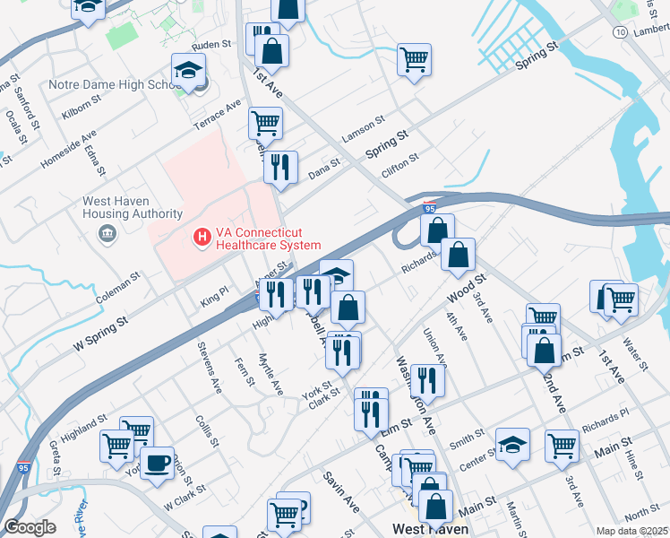 map of restaurants, bars, coffee shops, grocery stores, and more near 836 Washington Avenue in West Haven