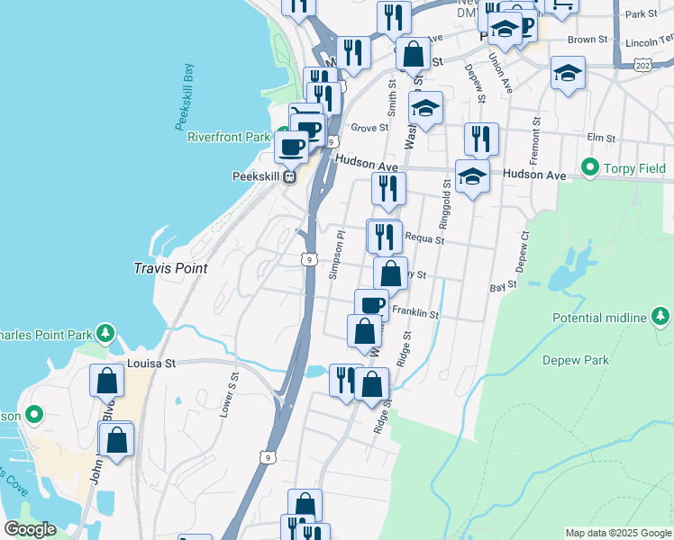 map of restaurants, bars, coffee shops, grocery stores, and more near 512 Simpson Place in Peekskill