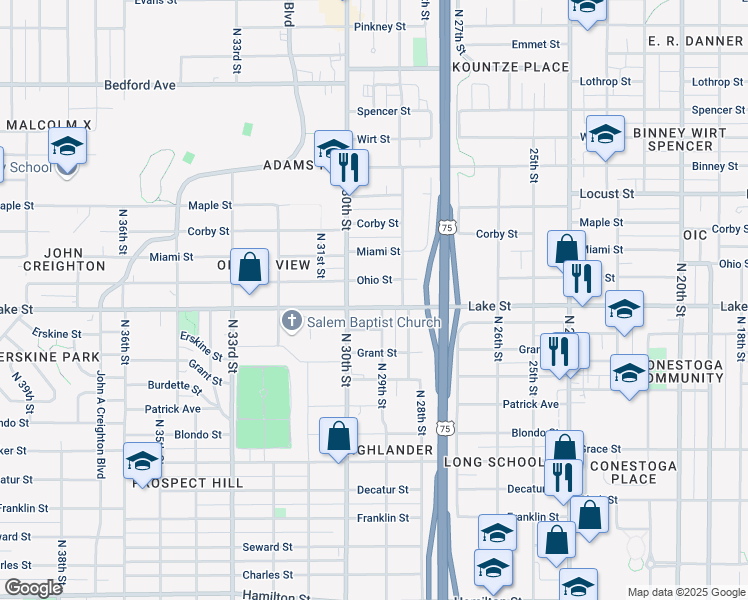 map of restaurants, bars, coffee shops, grocery stores, and more near 2864 Lake Street in Omaha