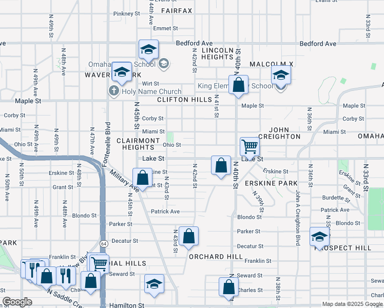 map of restaurants, bars, coffee shops, grocery stores, and more near 4206 Lake Street in Omaha