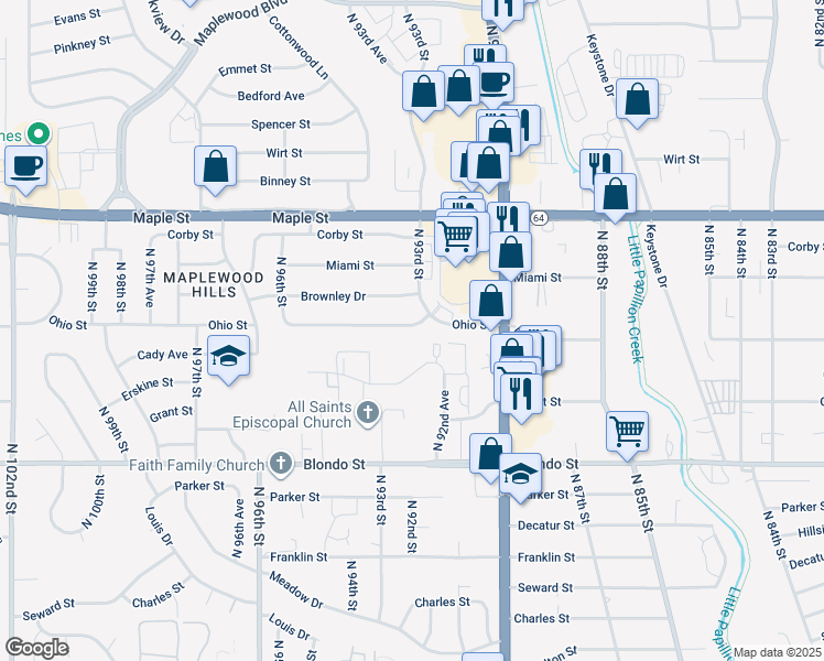 map of restaurants, bars, coffee shops, grocery stores, and more near 9231 Ohio Street in Omaha
