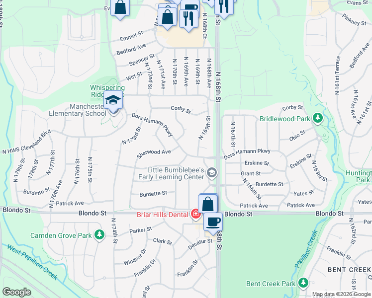 map of restaurants, bars, coffee shops, grocery stores, and more near 17006 Dora Hamann Parkway in Omaha
