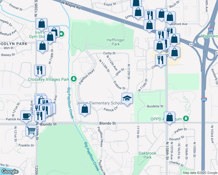 map of restaurants, bars, coffee shops, grocery stores, and more near 2335 North 113th Street in Omaha