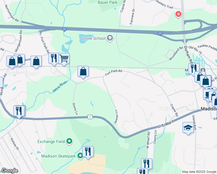map of restaurants, bars, coffee shops, grocery stores, and more near 72 Jannas Lane in Madison