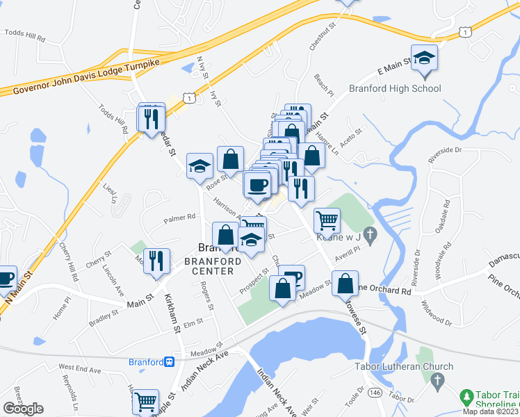 map of restaurants, bars, coffee shops, grocery stores, and more near 1008 Main Street in Branford