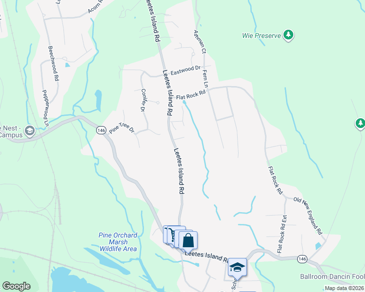 map of restaurants, bars, coffee shops, grocery stores, and more near 300 Leetes Island Road in Branford