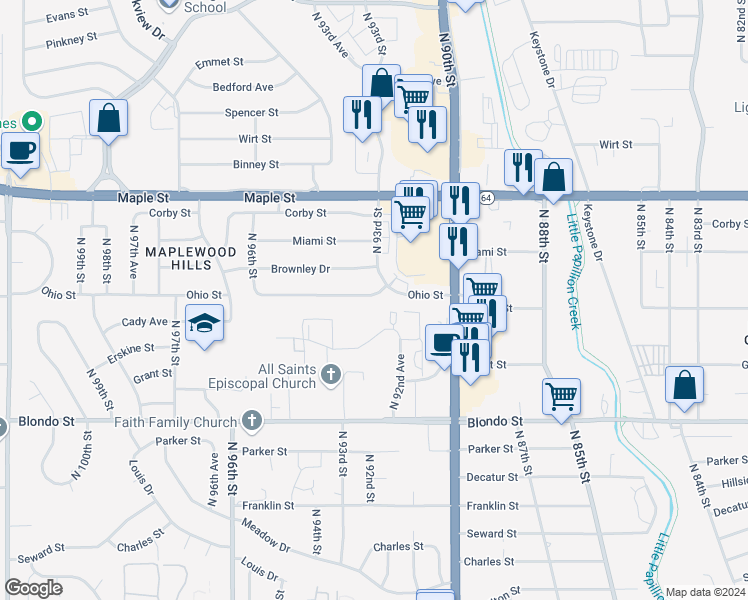 map of restaurants, bars, coffee shops, grocery stores, and more near 9317 Ohio Street in Omaha