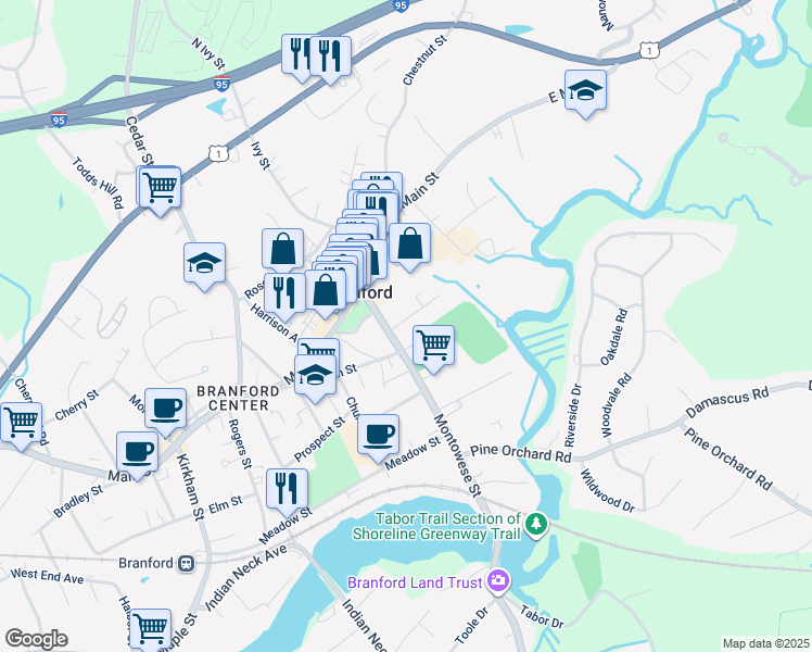 map of restaurants, bars, coffee shops, grocery stores, and more near 15 Bradley Avenue in Branford