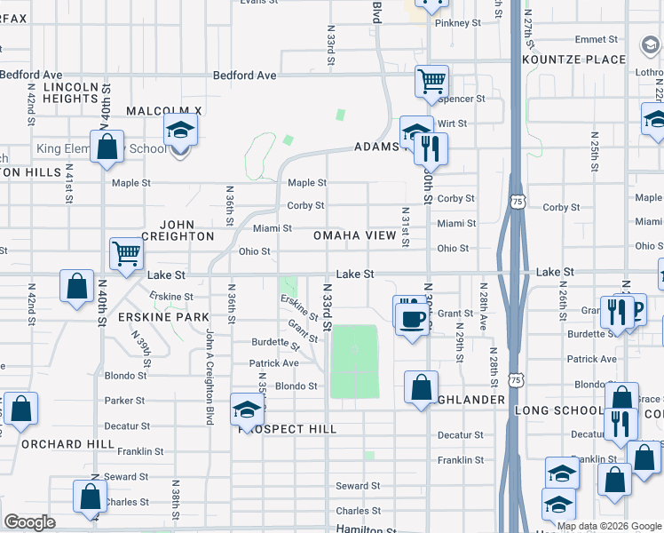 map of restaurants, bars, coffee shops, grocery stores, and more near 3236 Lake Street in Omaha