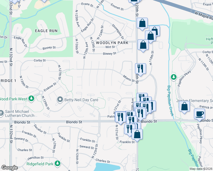 map of restaurants, bars, coffee shops, grocery stores, and more near 2607 North 123rd Circle in Omaha
