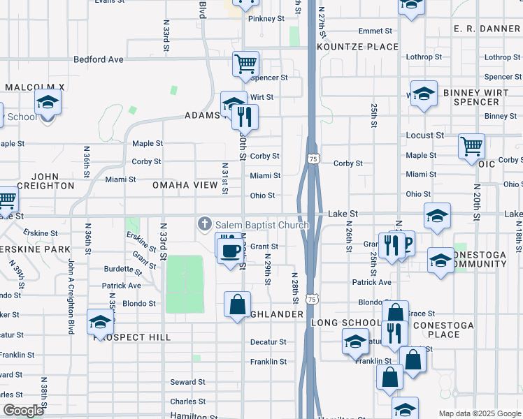 map of restaurants, bars, coffee shops, grocery stores, and more near 2864 Lake Street in Omaha