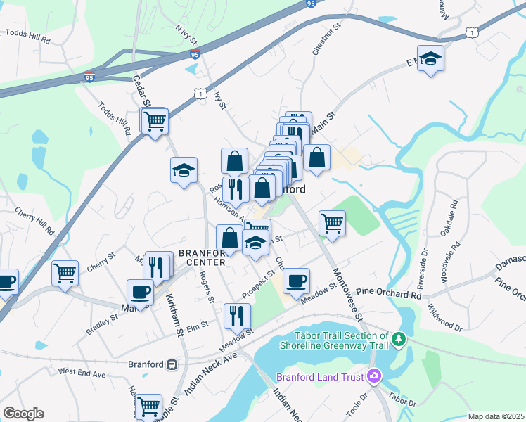 map of restaurants, bars, coffee shops, grocery stores, and more near 1008 Main Street in Branford