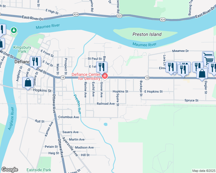 map of restaurants, bars, coffee shops, grocery stores, and more near 512 Tiedeman Avenue in Defiance