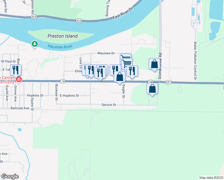 map of restaurants, bars, coffee shops, grocery stores, and more near 530 Degler Street in Defiance